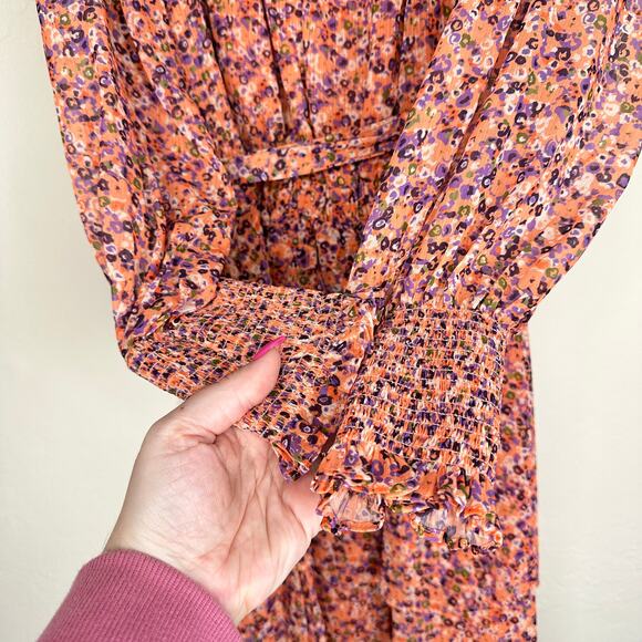 NWT Ramy Brook Xian Floral Tiered Tie Waist Long Sleeve Mini Dress Orange Small - Picture 5 of 16